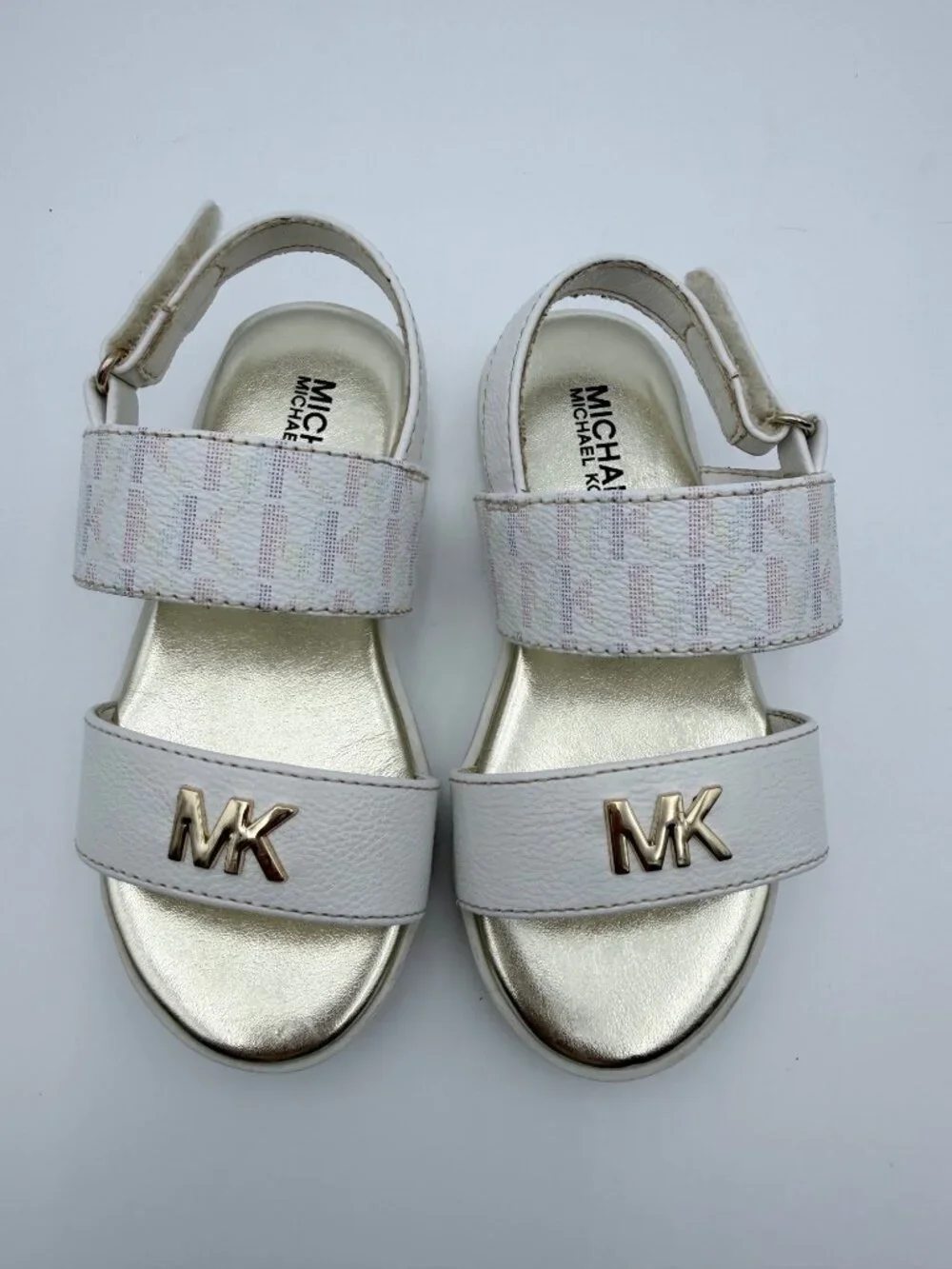 Michael Kors Girls Gold White Sandals MK Logo  Adjustable Straps Size 8